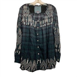 JOHNNY WAS 3J Embroidered Plaid Button Front Ombré Tunic
